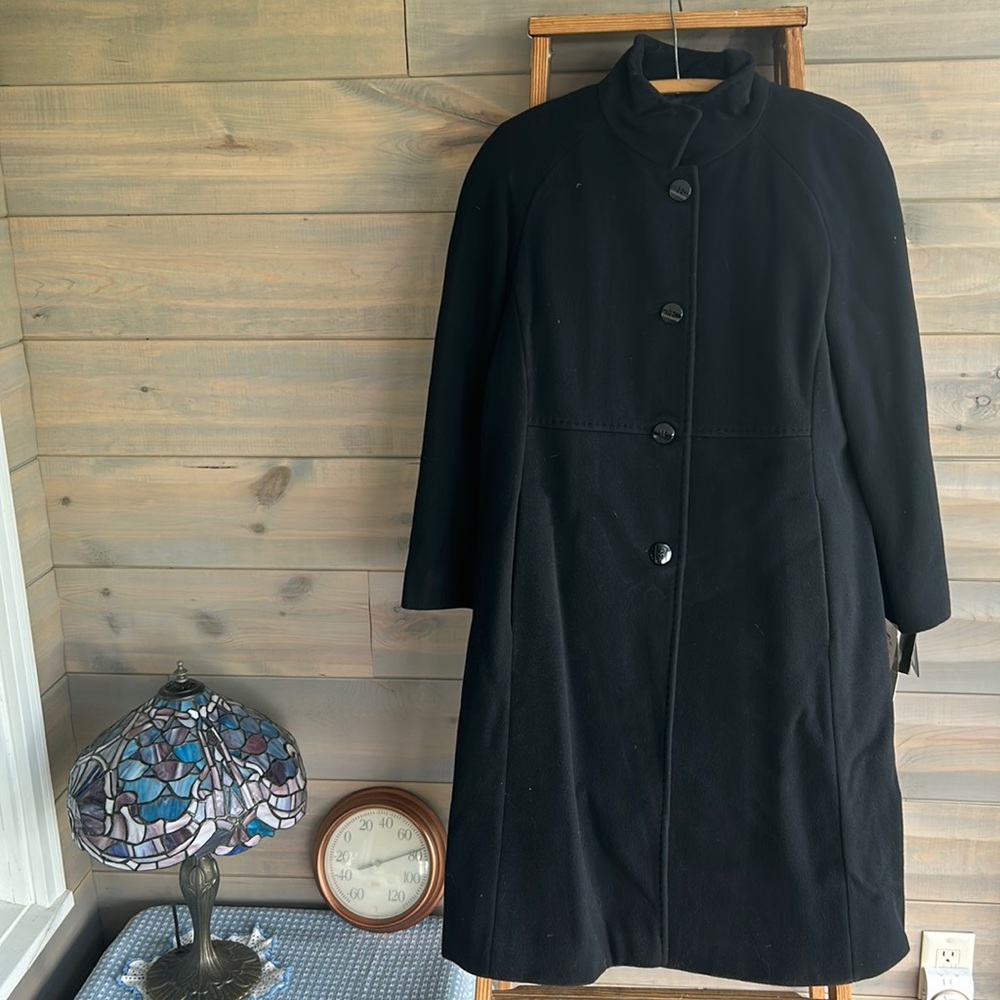 Vintage Ellen Tracy Black Wool and Cashmere Longline Dress Coat 14 Petite